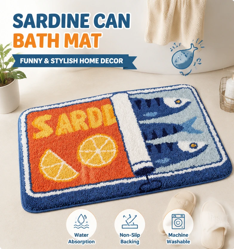 Funny Sardine Can Bath Mat Cartoon Floor Carpet Soft Non Slip Washable Rug for Bathroom Entryway Bedroom Home Decor