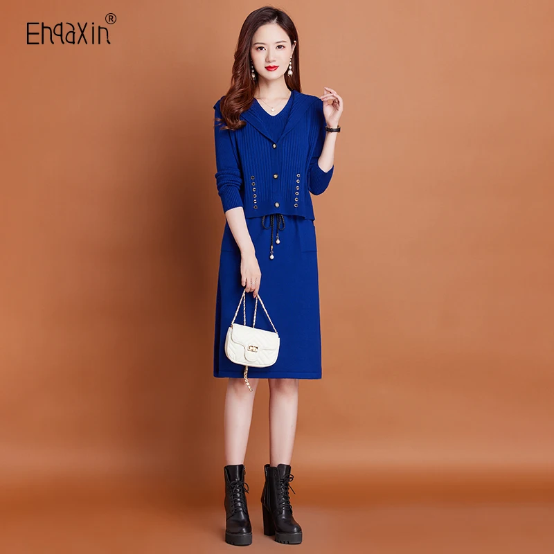 

EHQAXIN Womens Knit Dress Set Fashion 2023 Autumn Winter Button Cardigan Hooded Vest Coat+V-Neck Lace-Up Sweater Dress Set M-2XL