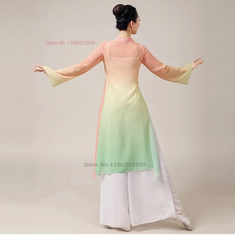 2025 중국 빈티지 댄스 의상 그라데이션 색상 쉬폰 한푸 상의+하의 세트 전통 훈련 무대 공연 민속 의상