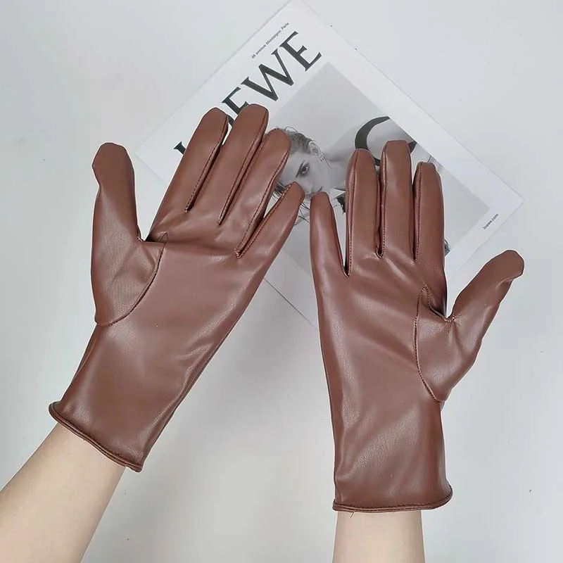 Winter Female Solid Sport Cycling Windproof Mitten Women PU Leather Plus Plush Thick Velvet Warm Driving Waterproof Glove O86