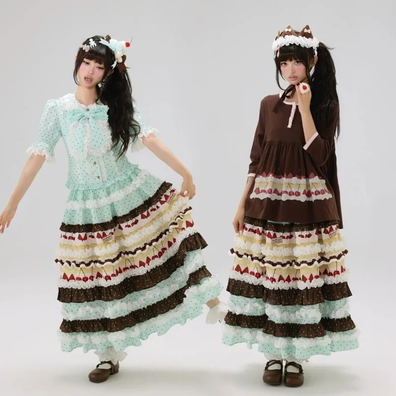 Women Vintage Kawaii Mori Girl Lolita Multi-Layer Ruffle Tiered Maxi Skirt Sweet Cute Polka Dot Bow A-Line Mint Green Long Skirt