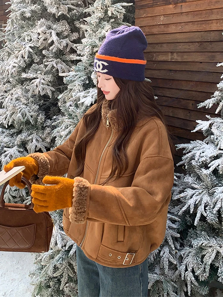 카라멜 색상 양털 자켓 여성용 가을 겨울 2025 신상 염색된 사슴 가죽 벨벳 코튼 코트 따뜻한 출퇴근용...