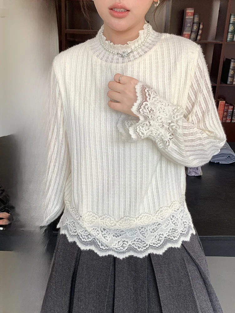 

Женская кружевная блузка больших размеров с длинным рукавом и высоким воротником, облегающая, повседневная, свободного кроя, осенне-зимняя, новая модная модель