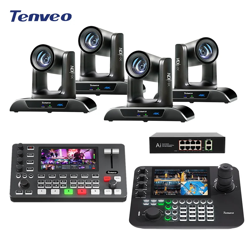 4pcs 4K 20X Optical Zoom Conference Camera + Video Mixer Switcher NDI POE PTZ Camera with Joystick Controller