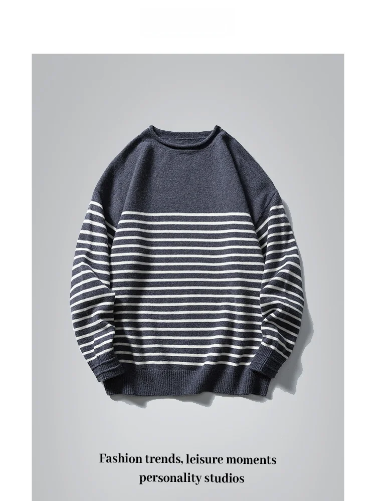 

ANXIE Brand Selected Casual Striped Men's Sweater Versatile Street Sle Faionable Urban Design Winter Long Sve Crew Ne