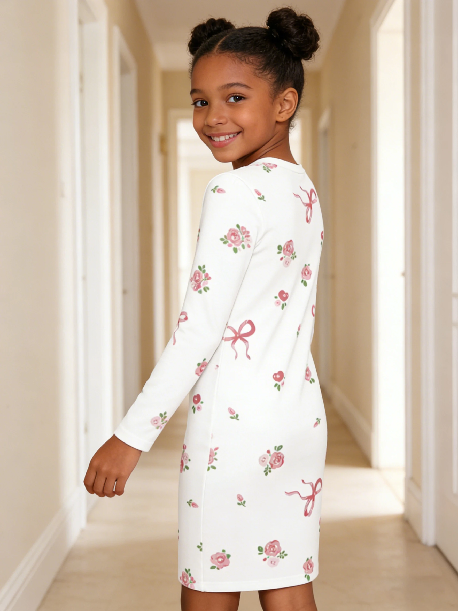 2026 girls white bottom pink tone small rose bow print long sleeve slim dress