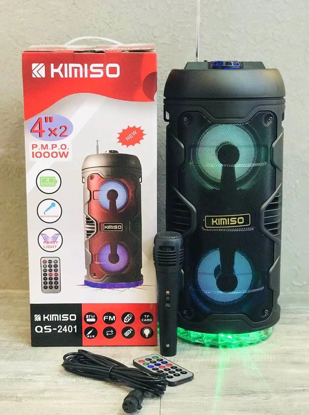 KIMISO QS2401 Alto-falante portátil externo de 2x4 polegadas Alto-falante para DJ com luz LED