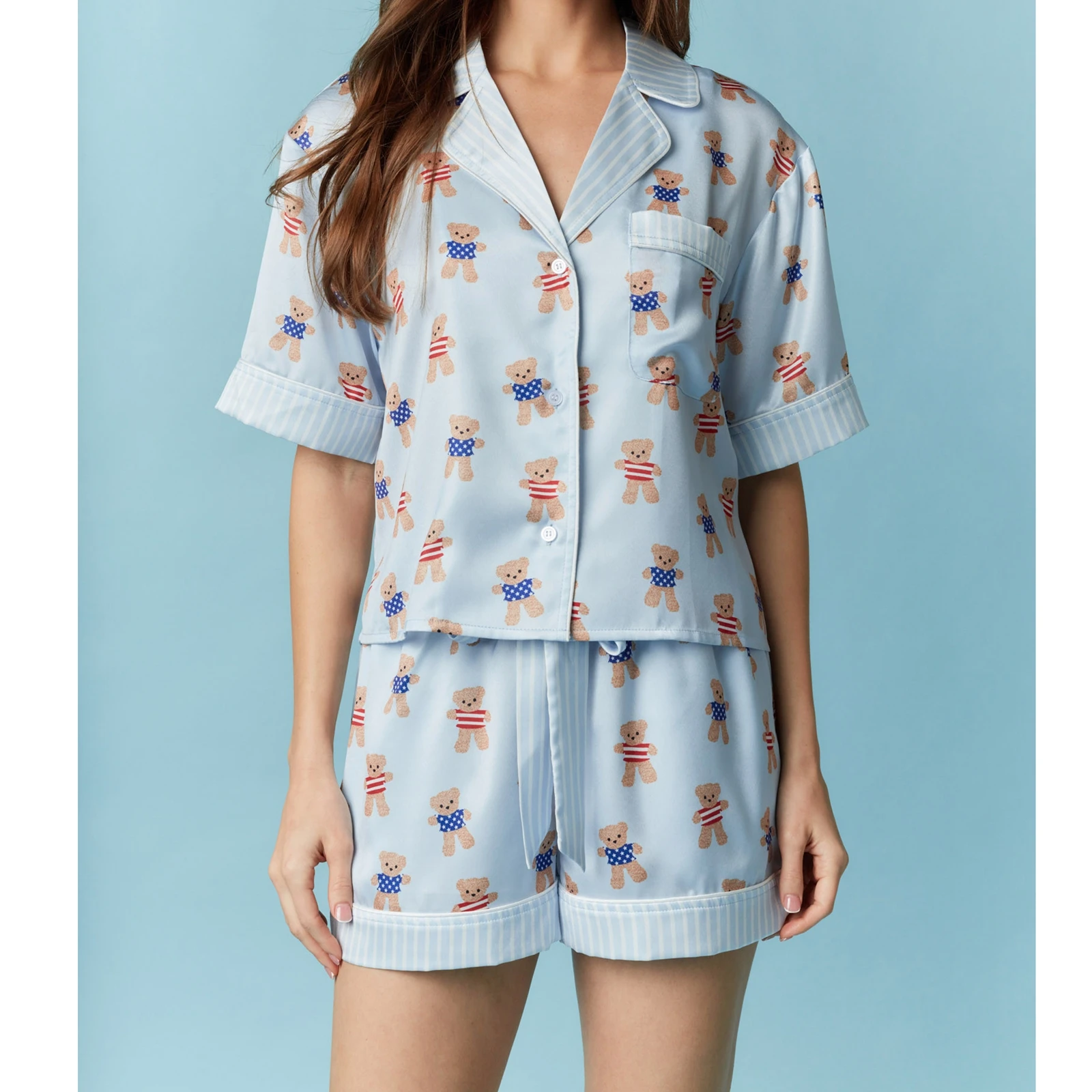 Women's Cartoon Summer Pajamas Set Cartoon Bear Print Lapel V Neck Short Sleeve Tops with Shorts Lounge Wear 2 Pcs Set