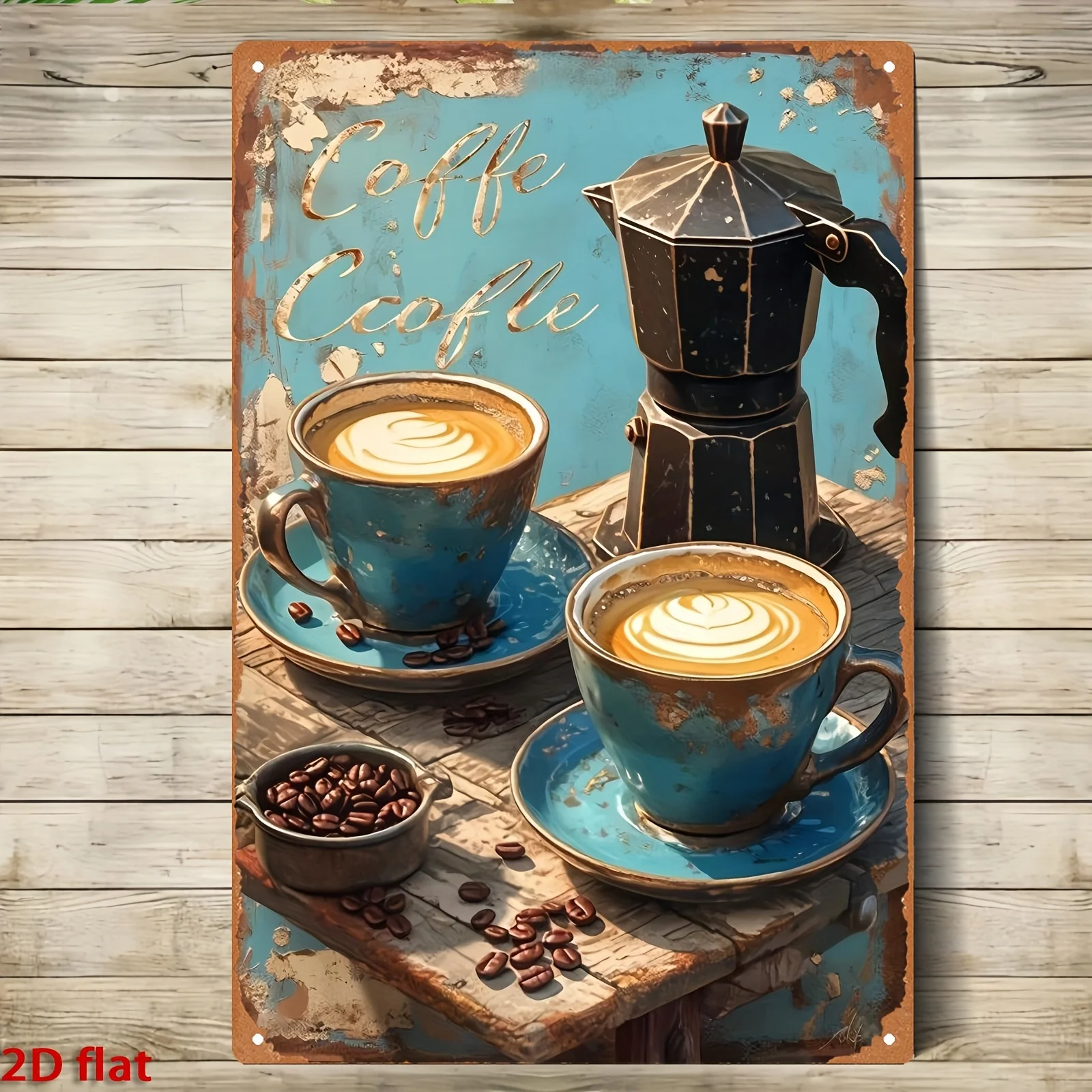 2D Flat, 1pc2D Flat, 1pc, Vintage Metal Sign Featuring Two Latte Mugs And Beans | Dimensions: 20*30cm/8*12Inch | Ideal for De