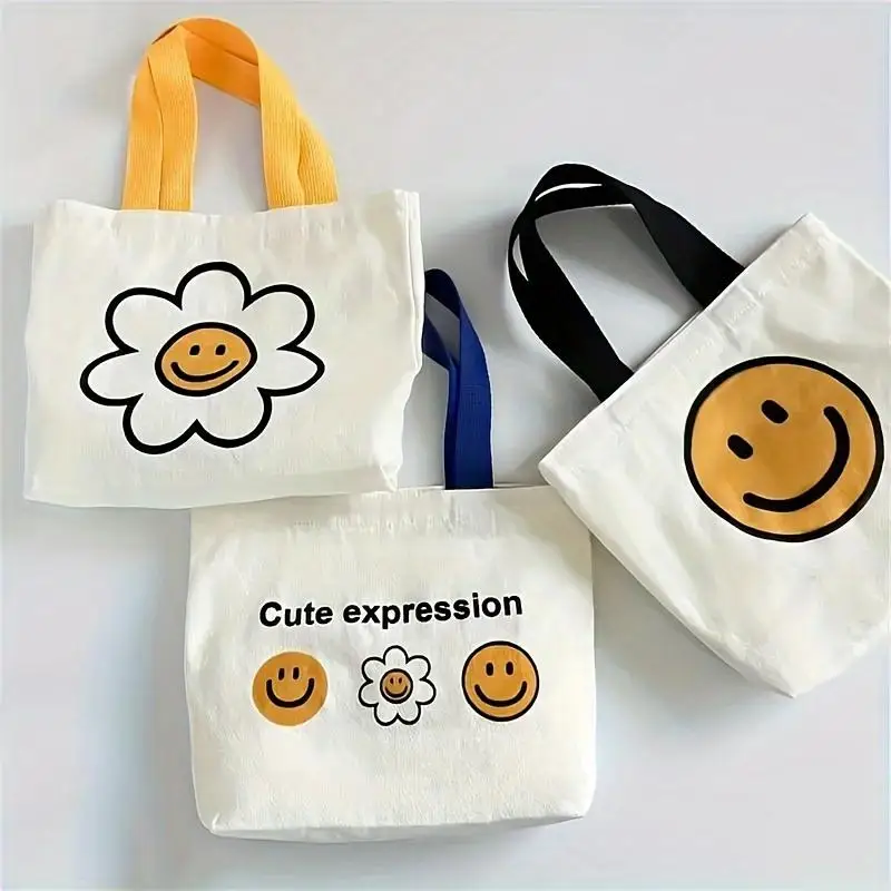 

1-Piece Charming Cartoon Florals & Grinning Face Canvas Shoulder Bag for Women, Handheld Food Carrier, Trendy Fashion Handbag
