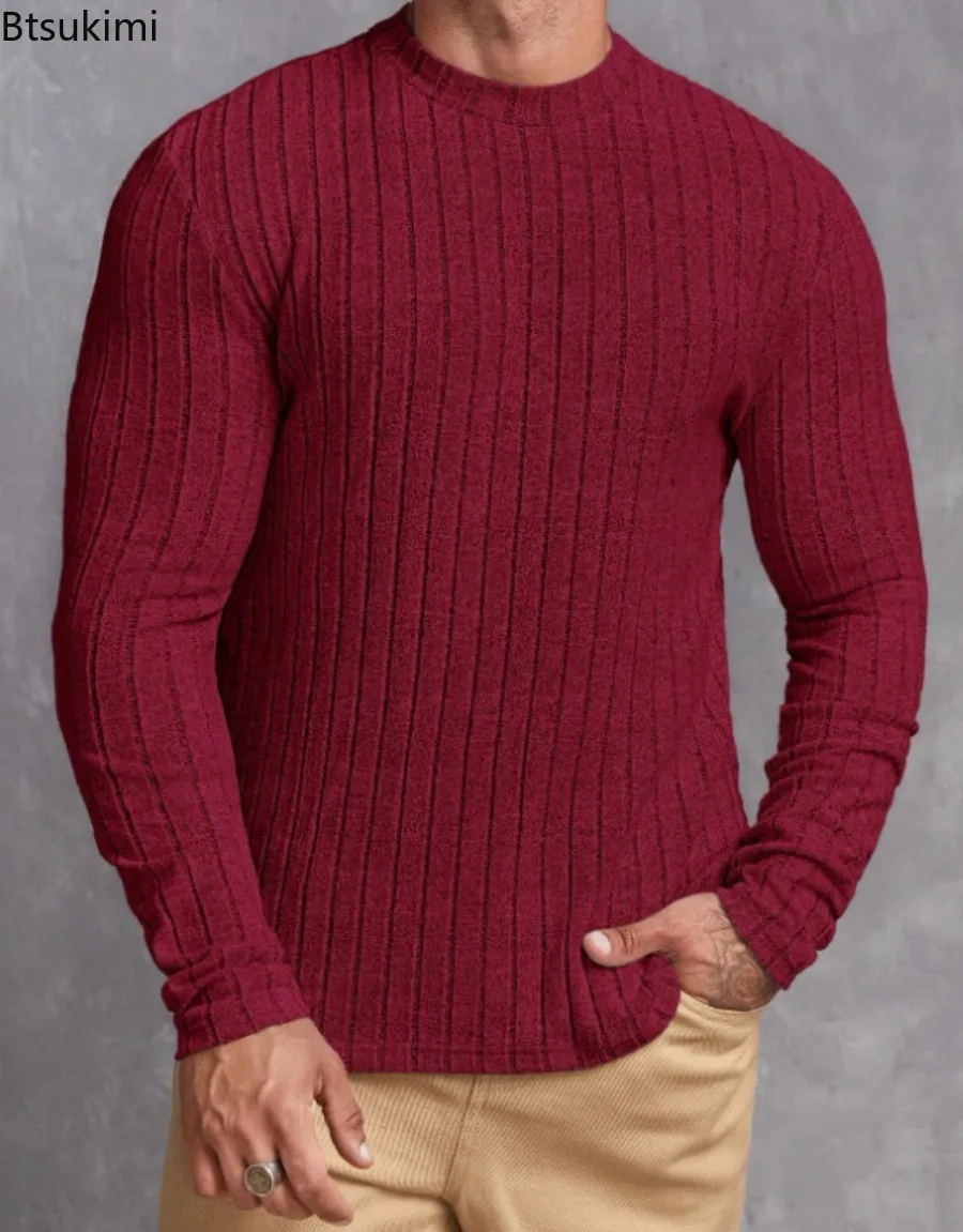 2026 Fashion Casual O-neck T-shirts for Men Solid Striped Long Sleeve Slim Pullover Tops Male Simple All-match Bottoming Shirts