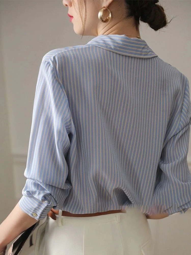 Blue Striped Shirts & Blouses for Women Full Long Sleeve Woman Top Chiffon Spring Autumn Button Up Loose Aesthetic High Quality