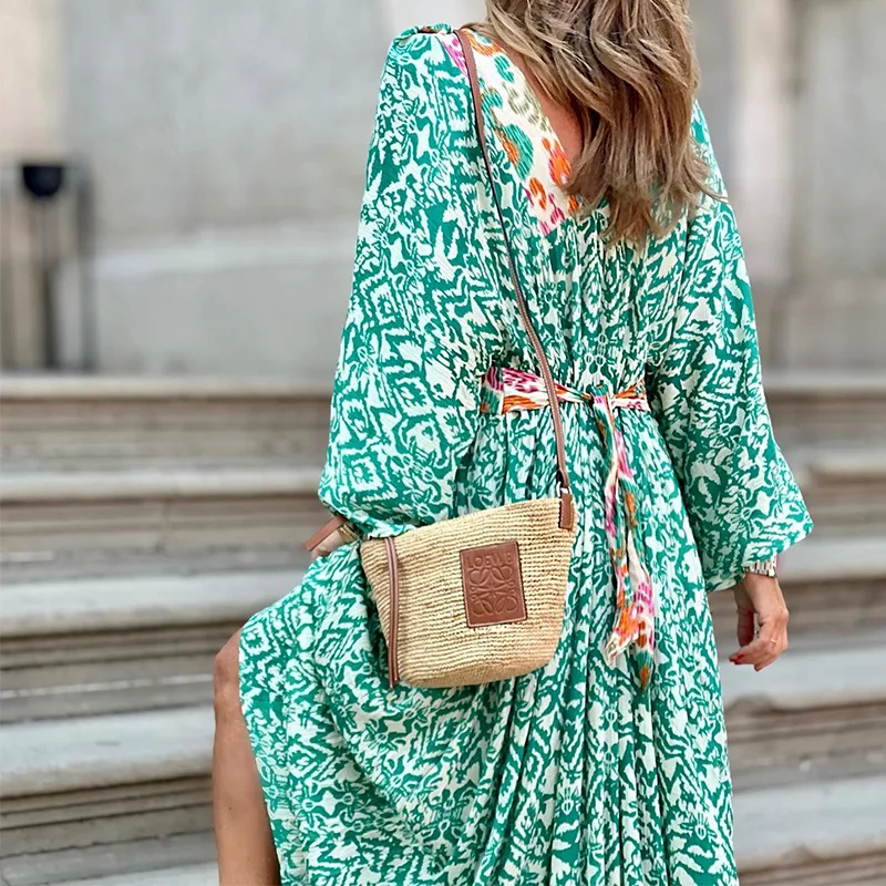 Ethnic Retro Floral Print Holiday Beach Dress Spring V Neck Patchwork Boho Long Dress Women Puff Sleeve Belted A-Line Maxi Dress