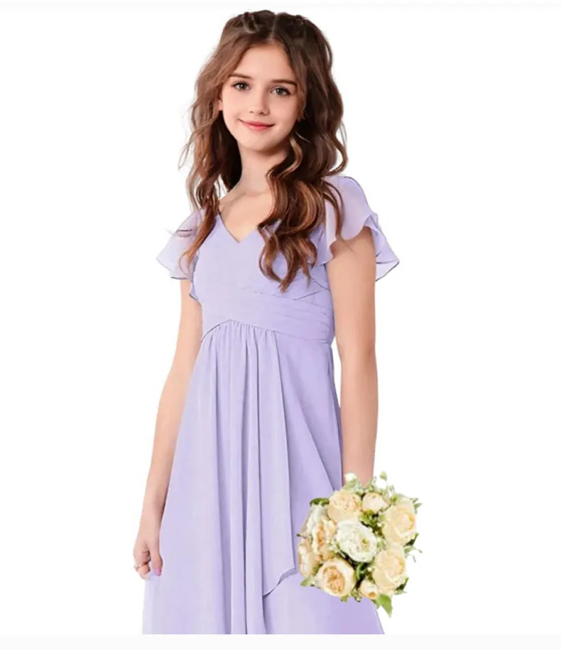 Robe de vacances courte devant et dos long en mousseline de soie pour filles, robe pour adolescentes, robe de demoiselle d'honneur junior, robe de mariée,/personnalisée