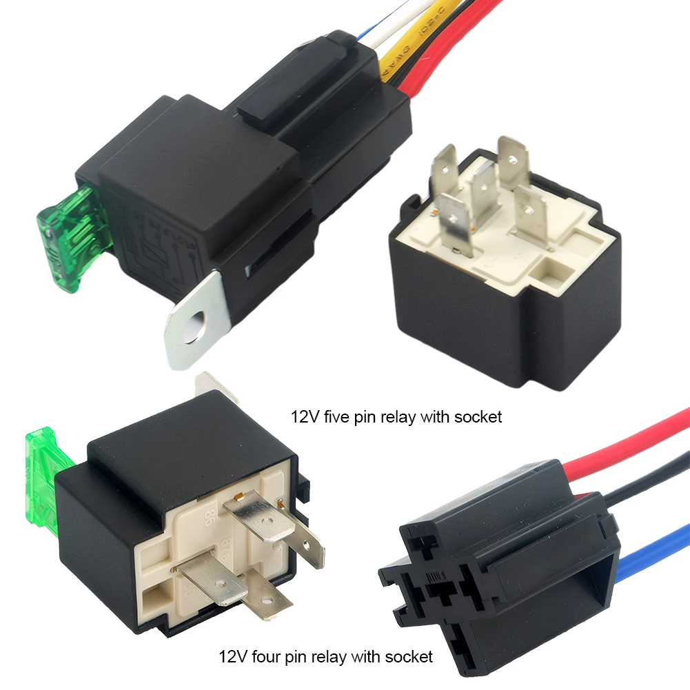 12V DC 4 Pin 5 Pin Normally Open Relay with Holder Socket Copper Terminal Auto Relay Fused On/Off Car Motor Relay