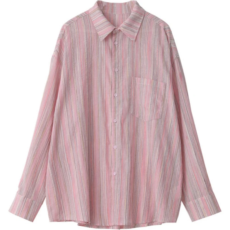 

Women's Summer Casual Versatile Striped Loose Long Sleeve Shirt With Pocket , Top Clothing, Button-up Blouses,Sunscreen Shirt