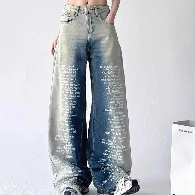 

American Letter Printing Design Wide-Leg Jeans Women'S Spring New Hip-Hop Gradient Color High-Waisted Floor Pants