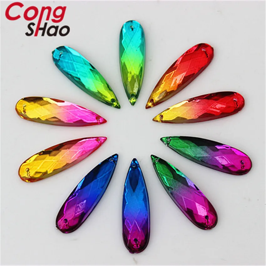 Cong Shao 100pcs 8*28mm Drop Dual Color Stones and Crystals Acrylic Rhinestone Trim Flatback Sewing 2 Hole Costume Button CS119