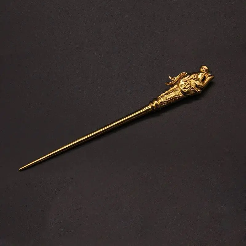 Ancient Handmade Chased Dragon Hairpin Antique Gold Plated Hanfu Accessory Adjustable Heirloom Statement Jewelry Gift for Women