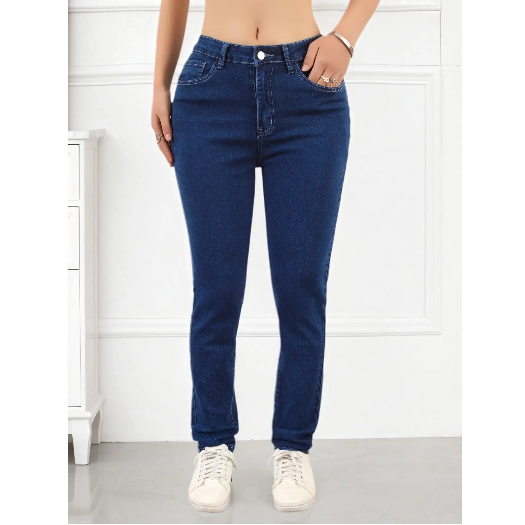 

Women's deep blue casual versatile denim pants, elastic and simple, fashionable and slim fit for all seasons, with small legs