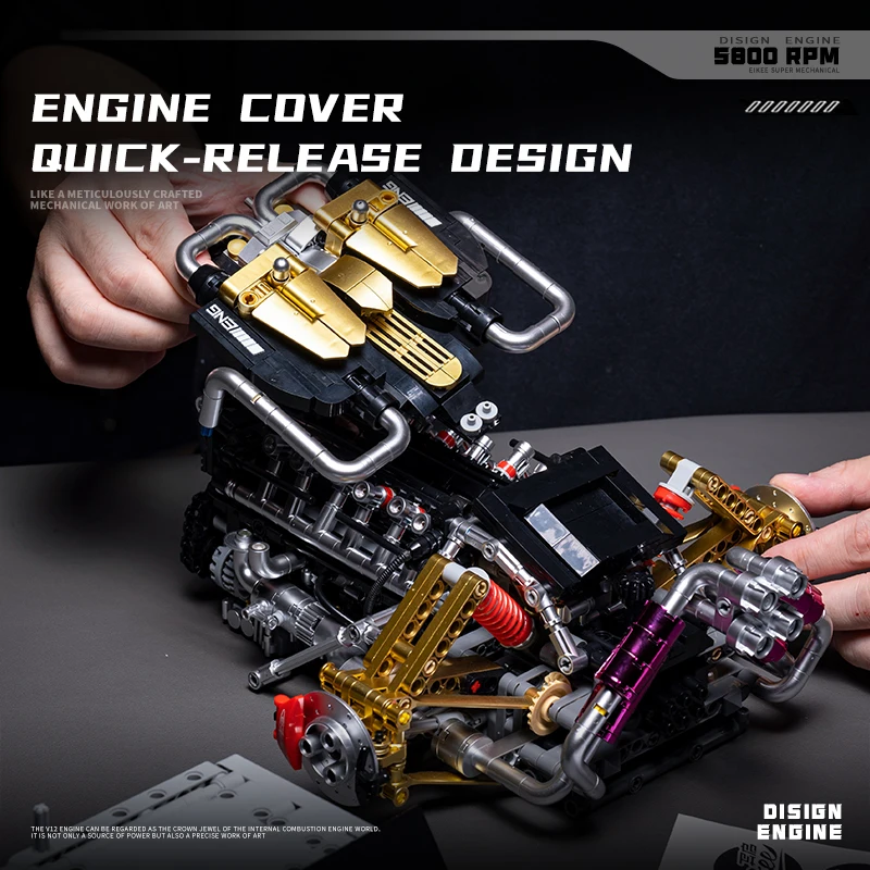 MOC V12 Simulation Engine Building Blocks, Mechanical Engine Model, DIY Assembly Bricks Set, Realistic Piston Linkage Structure
