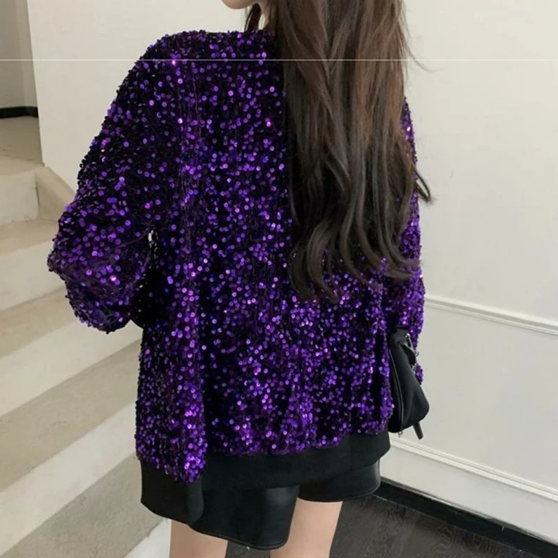 Damen Schwarze Pailletten-Bomberjacke Funkelnde Strass-Kurzjacke Glitzer-Blazer für Party Ausgehen Schicke Clubwear-Jacke Oberteile – Detail 10