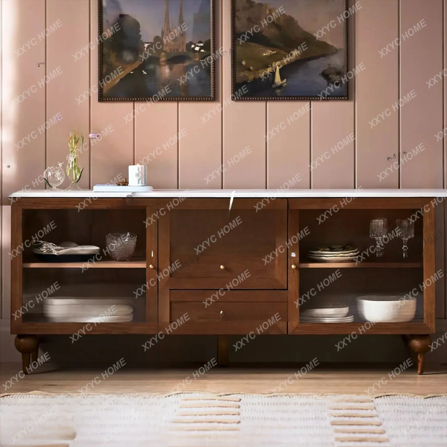 rural solid wood dining side cabinet  retro simple marble countertop locker