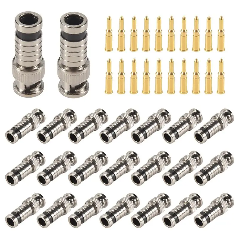 AB33-20 Pcs BNC Compression Connector 75 Ohm Coupler With Copper Pin For RG58-59 Crimper Video Plug Extension Coaxial Cable