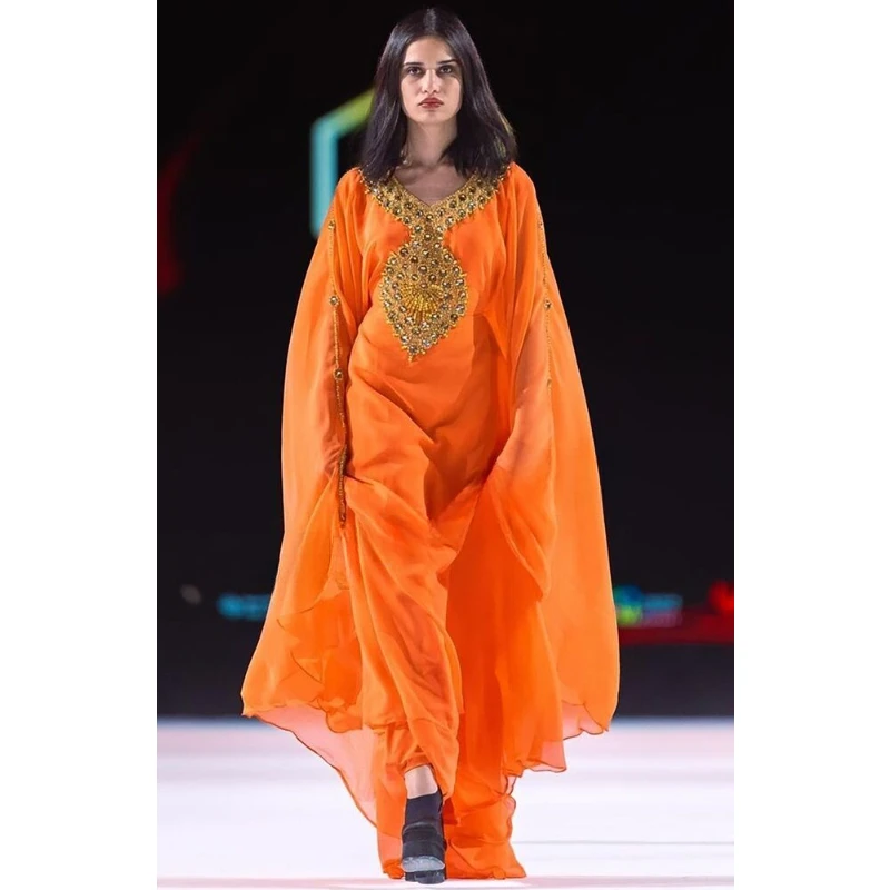 

Orange New Royal Islamic Modern Elegant Dubai Moroccan Long Shirt Arabic Dress