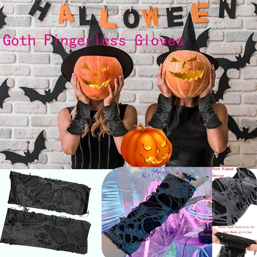MuqiNush Gothic Fingerlose Lange Handschuhe Punk Loch Halbfinger Schwarz Handschuh Arm Wärmer Bettler Cosplay Halloween Kostüm Zubehör