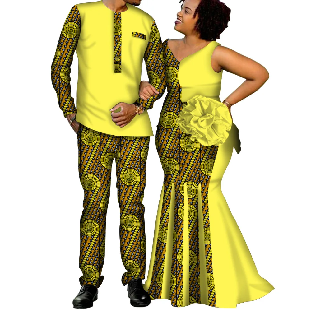 African Couple Matching Clothes for Wedding Women Slim Mermaid Dress Bazin Riche Men Top and Pant Sets  Lover Party Wedding Wear