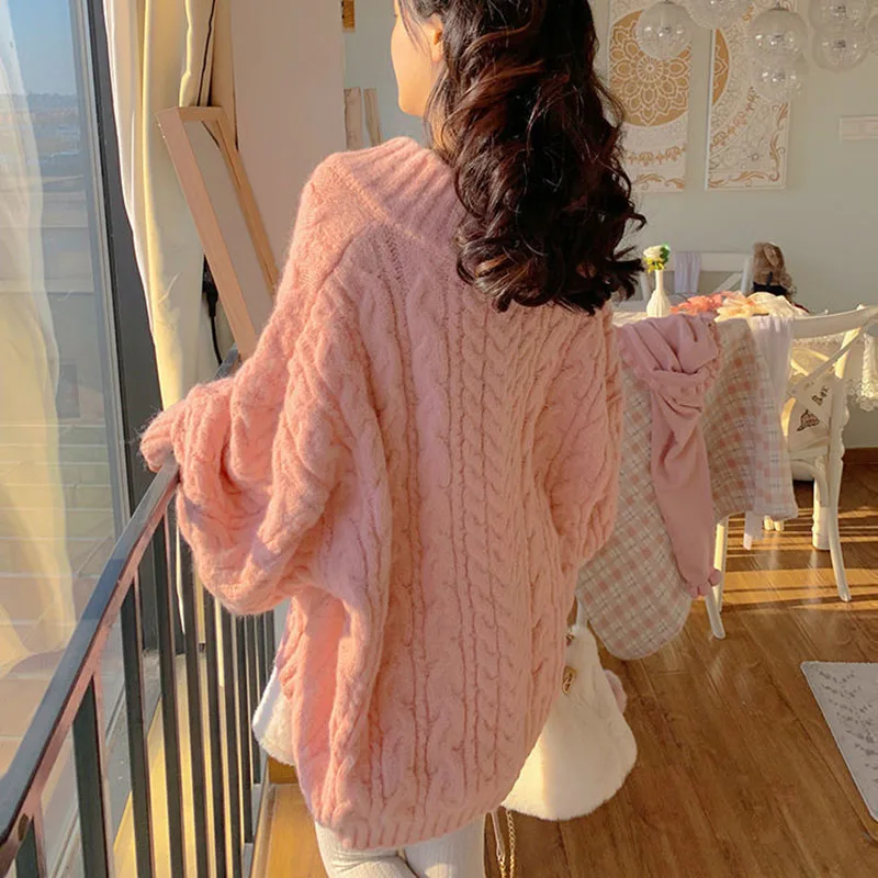 Pink Kawaii Oversize Knitwear Sweaters Women Sweet Cute Big Bow Pullovers Autumn Winter Keep Warm Lantern Sleeve V-Neck Sweater