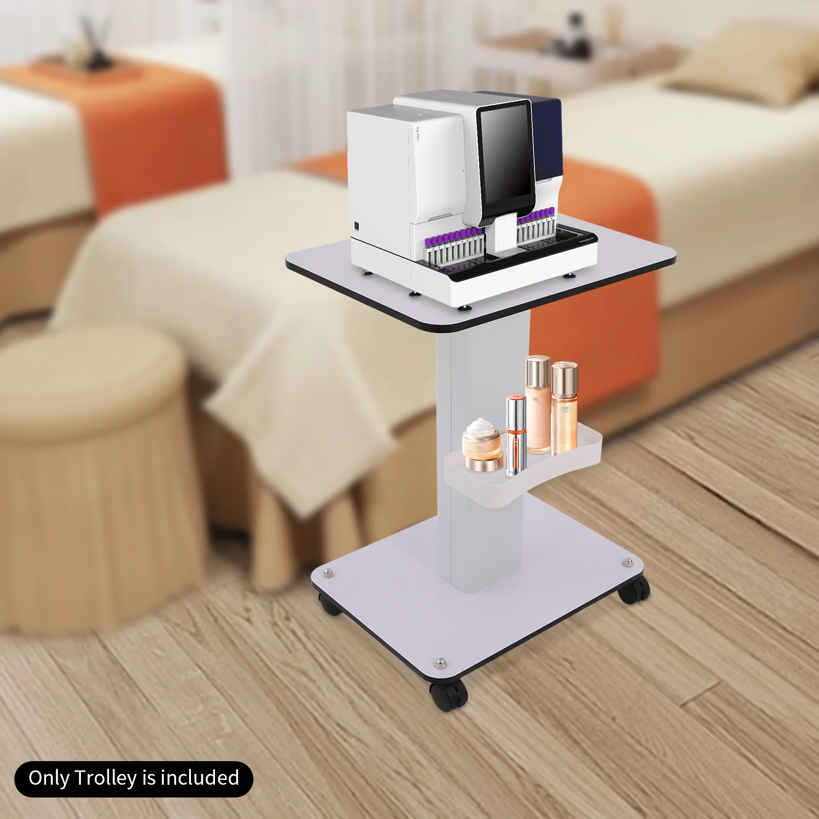 عربة بيضاء عربة طاولة كبيرة لمطياف عربة دوارة متنقلة رف سبا حامل صينية التجميل