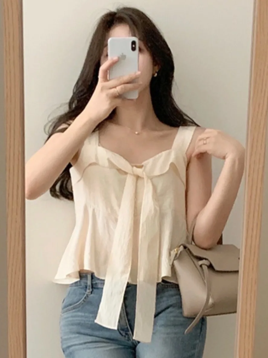 Novo Estilo de Verão Top Sem Mangas F com Laço Curto e Detalhes Es Suéter atura Estilo Crop sem Registro de...