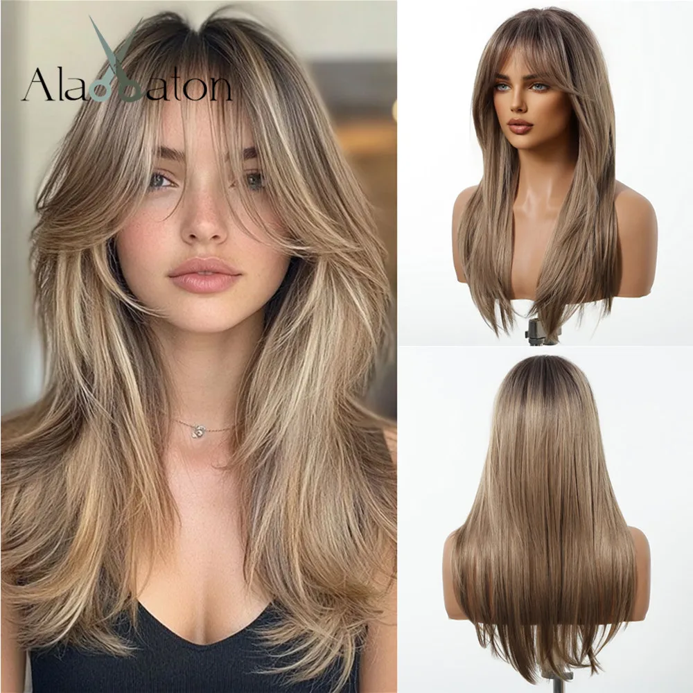 

ALAN EATON Ombre Коричневые синтетические парики с челкой Длинный многослойный прямой парик для женщин Натуральный реалистичный повседневный носок Термостойкий