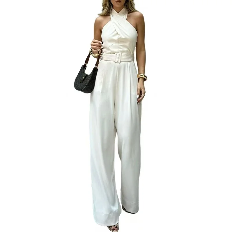 Sexy Backless Slim Fit Neck Hanging Jumpsuit Fashionable High Waist Long Pants Polyester Fabric Commute Style Autumn Collection