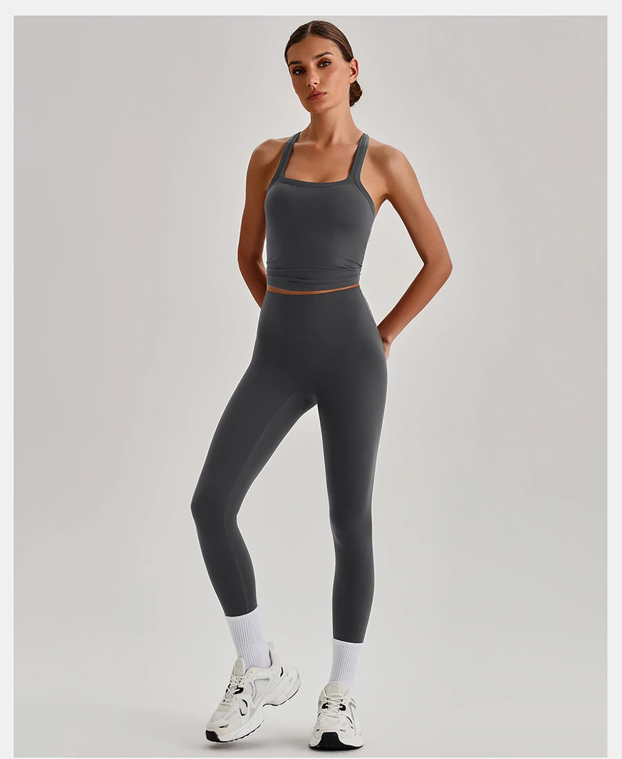Butterweiches 2-teiliges Yoga-Set für Damen: Trainingskleidung mit gepolstertem Cross-Back-Tanktop und High-Waist-Leggings mit Po-Lifting-Effekt – Sportbekleidung für das Gym – Detail 2