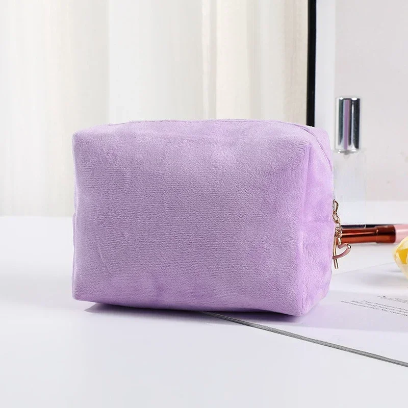 Candy Color Plush Zipper Women Cosmetic Bag Fashion Solid Color Makeup Organizer Storage Bag Daily Storage Travel Makeup Case