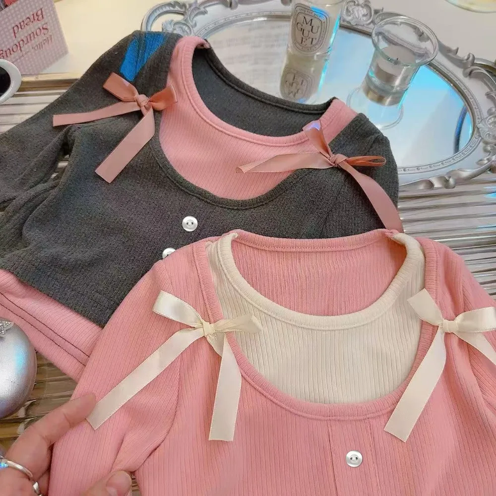 الفتاة الحلو وهمية قطعتين القوس تي شيرت أعلى 2025 الربيع والخريف جديد الأطفال ملابس كاجوال كم طويل أسفل قميص #6