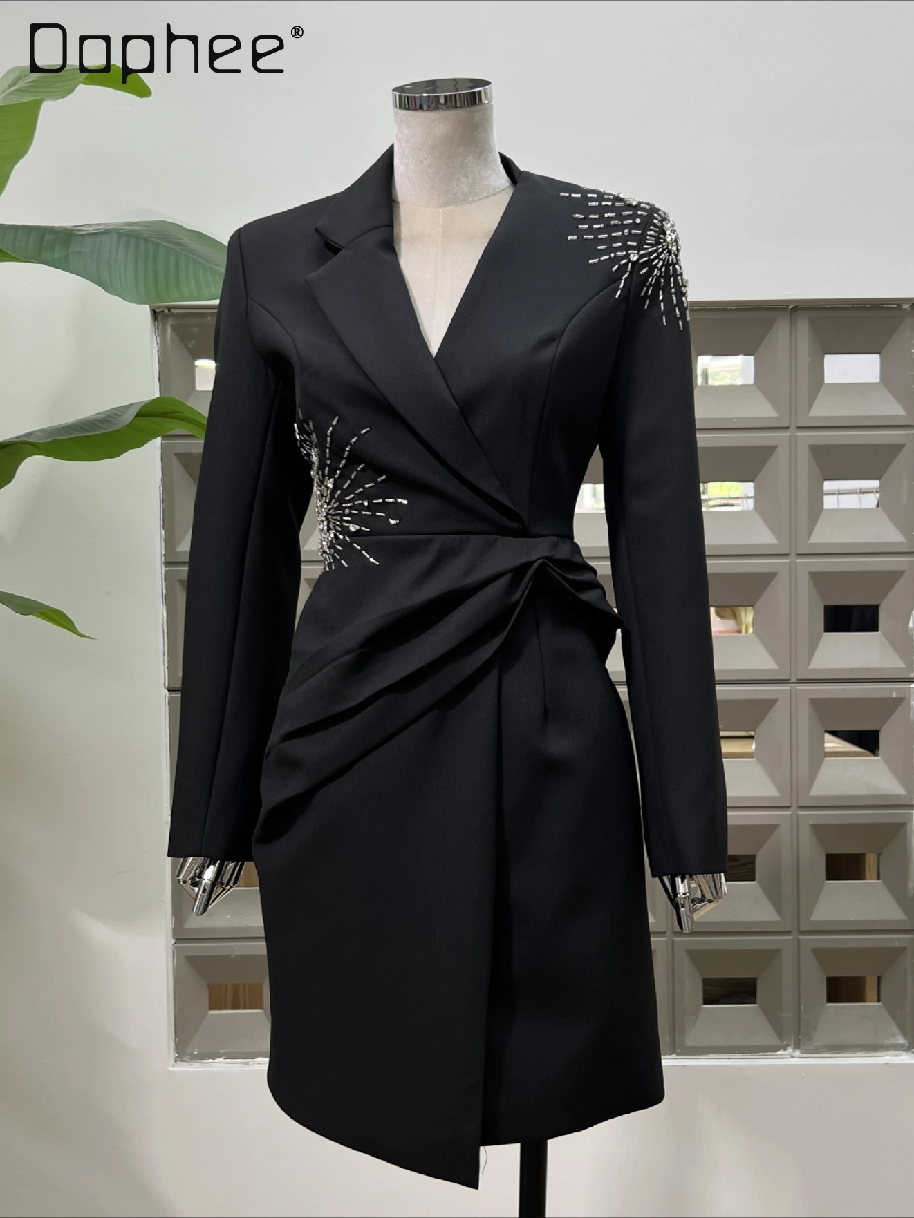 

Commuter Style Elegant Professional Suit Dress Female V-neck Irregular Heavy Industry Beaded Rhinestone Long Sleeve Suit Dress