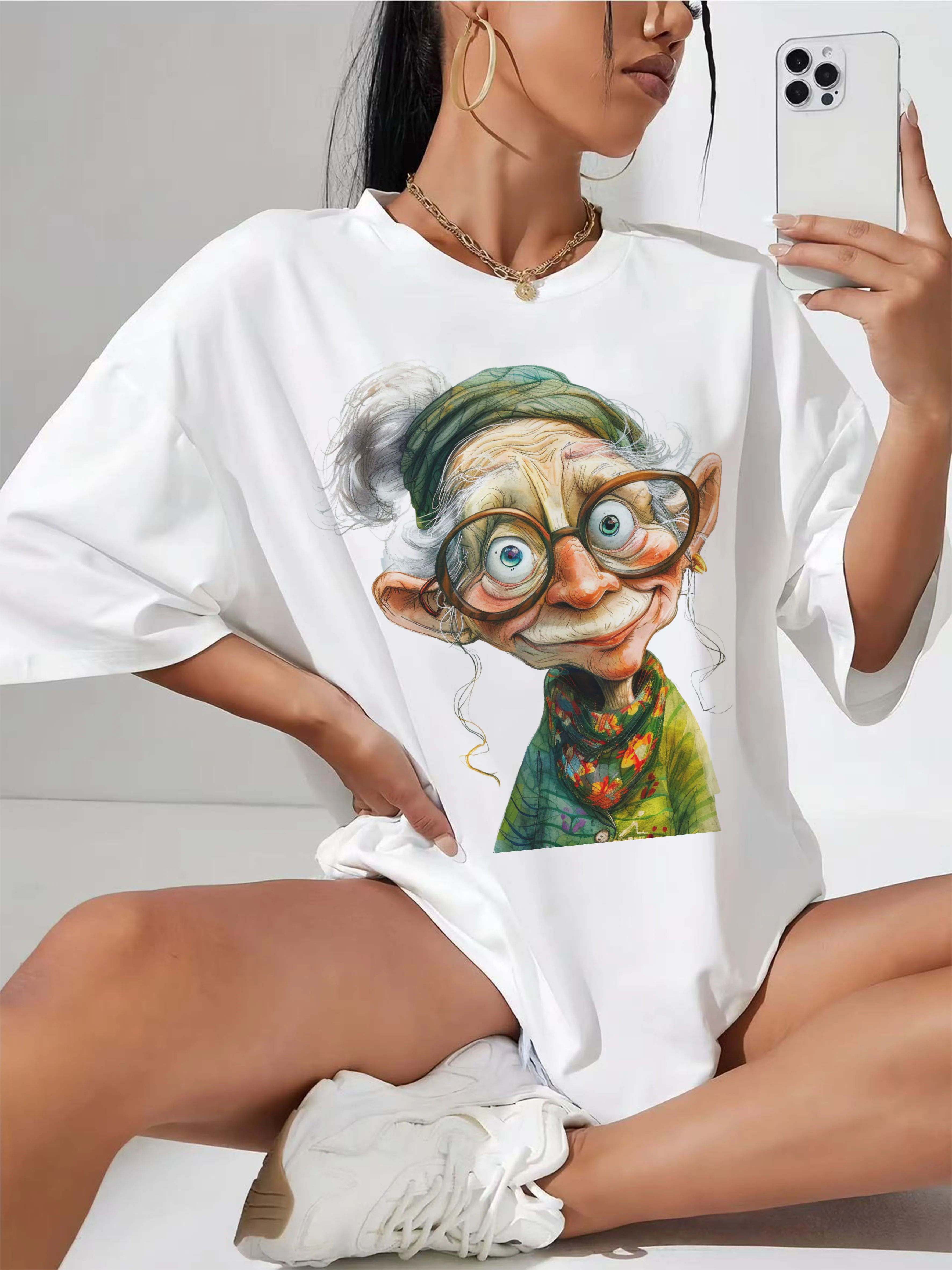 

Quirky-Whimsical-Crazy-Grandma-Clipart Trendy White Women's Tee Loose Fit Comfortable Round Neck Ideal for Casual Festival Style