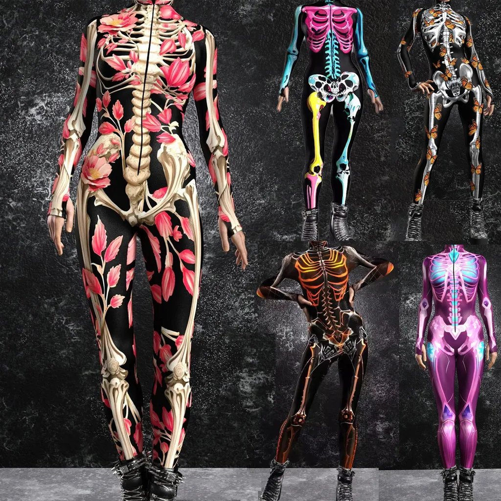 3D Flower Skeleton Zentai Bodysuit Jumpsuit Funny Halloween Cosplay Costume Women Performance Romper Catsuit