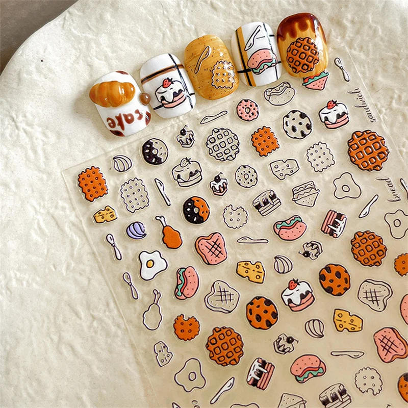 5D Embossed Hamburger Biscuits Sticker Cheese Bread Nail Art Decal Self Adhesive Nail Art Decoration Sticker DIY Manicure Salon