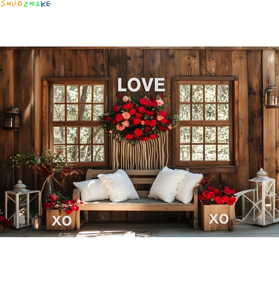 خلفية تصوير لعيد الحب، منزل خشبي، زهور الورد، زفاف 14 فبراير، ديكور حفلات، خلفية استوديو الصور
