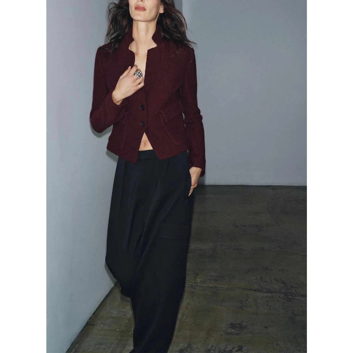 Cappotto lungo slim fit da donna Ele con colletto alla coreana Autunno Inverno Nuovo arrivo American Sle ket Decorato Cerchio Tweed...