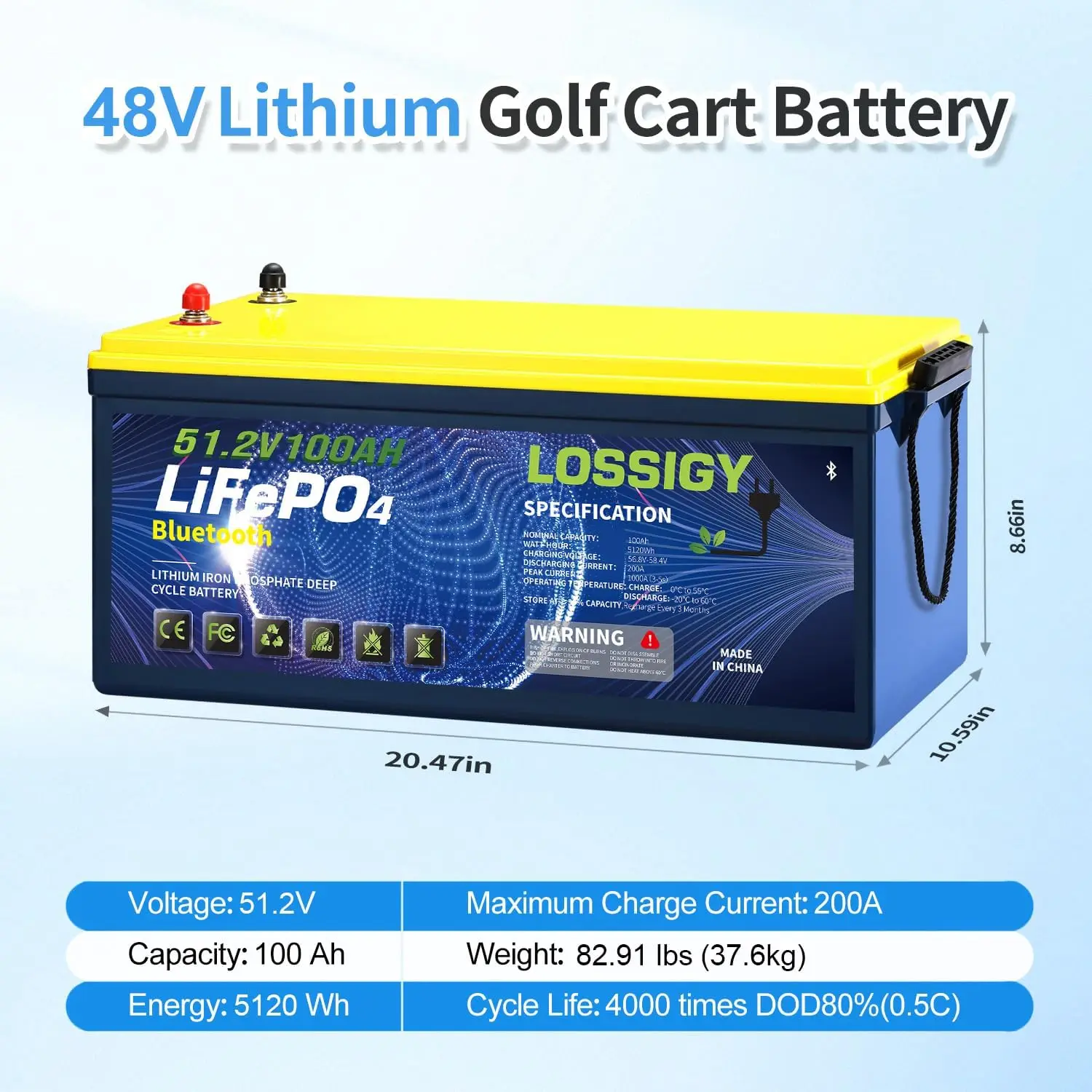 48V Lithium Golf Cart Battery Built In 200A BMS 1000A Peak Current 3 5S Bluetooth LiFePO4 18A Charger LCD Monitor 100AH