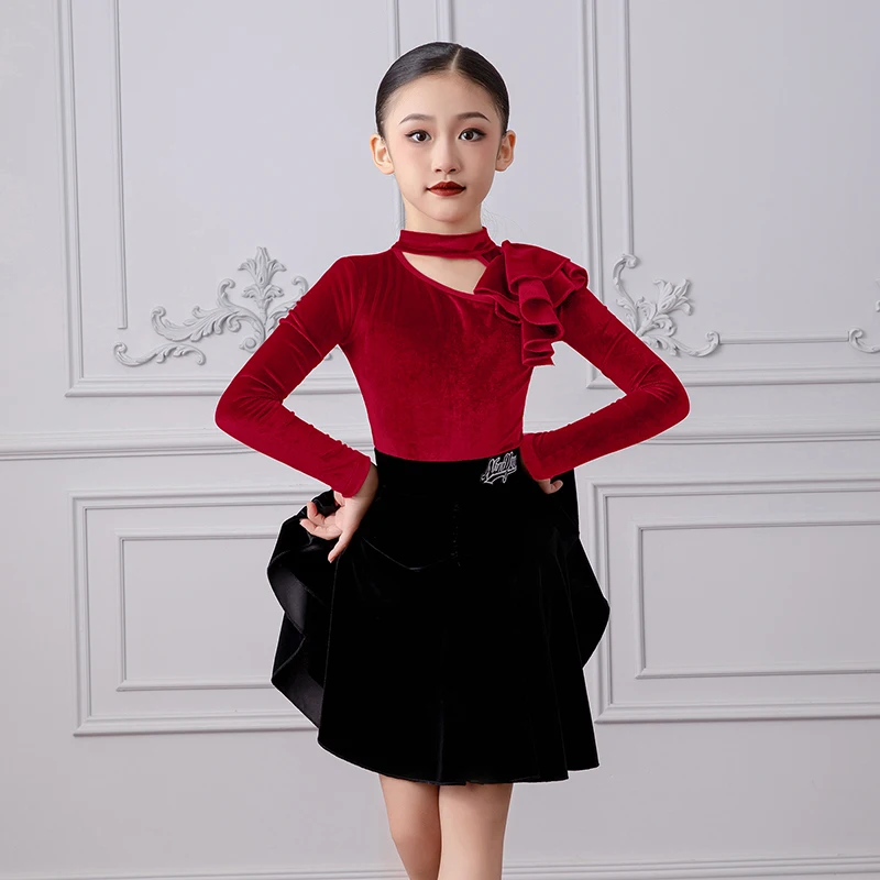 Autumn Winter Girls Latin Dance Practice Clothes Children's Performance Competitions Long Sleeve Velvet Pendulum Skirt Sets