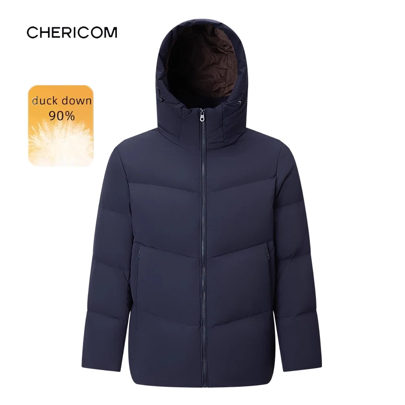 Chericom Men's Down Coats Stand Collar Hooded Drawstring Windproof Down Jacket Outdoor Warmth Versatile Commuting Coat Y309661Y