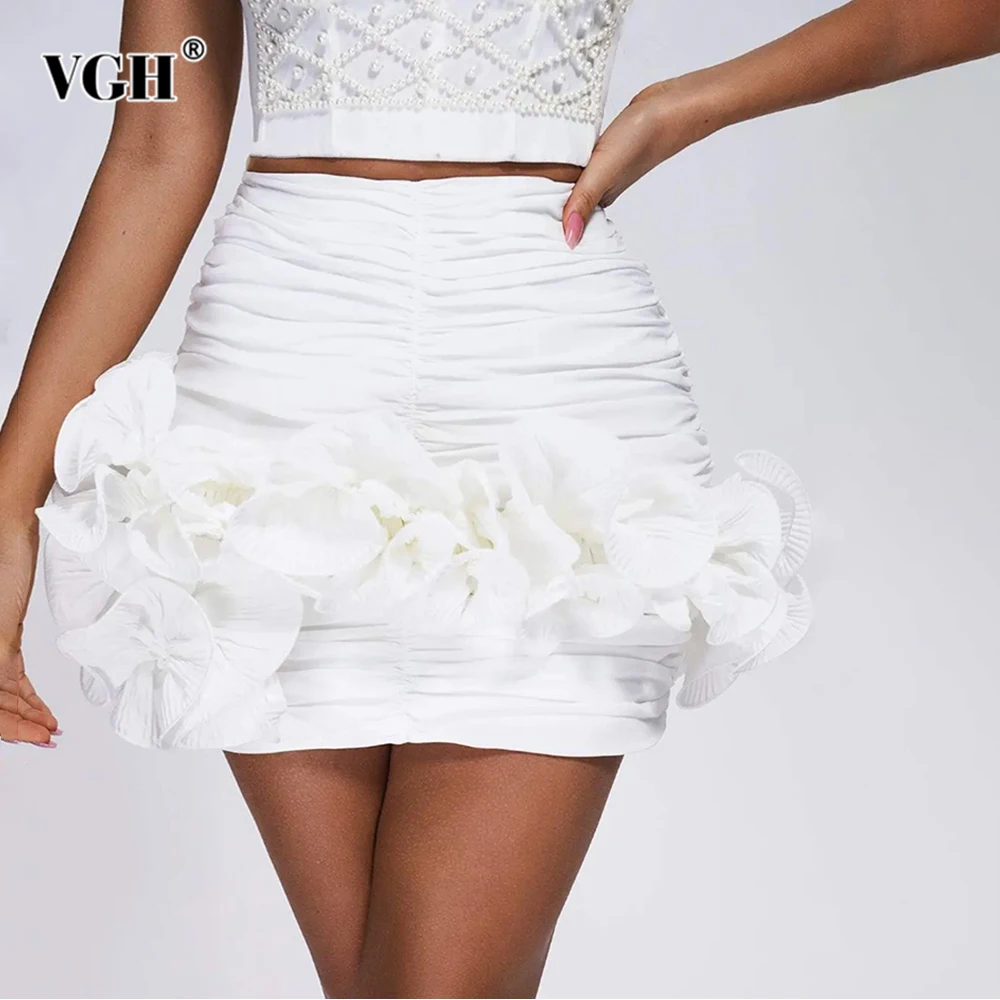 

VGH Solid Patchwork Ruffles Slimming Skirts For Women High Waist Spliced Zipper Asymmetrical Folds Bodycon Skirt Female Fashion