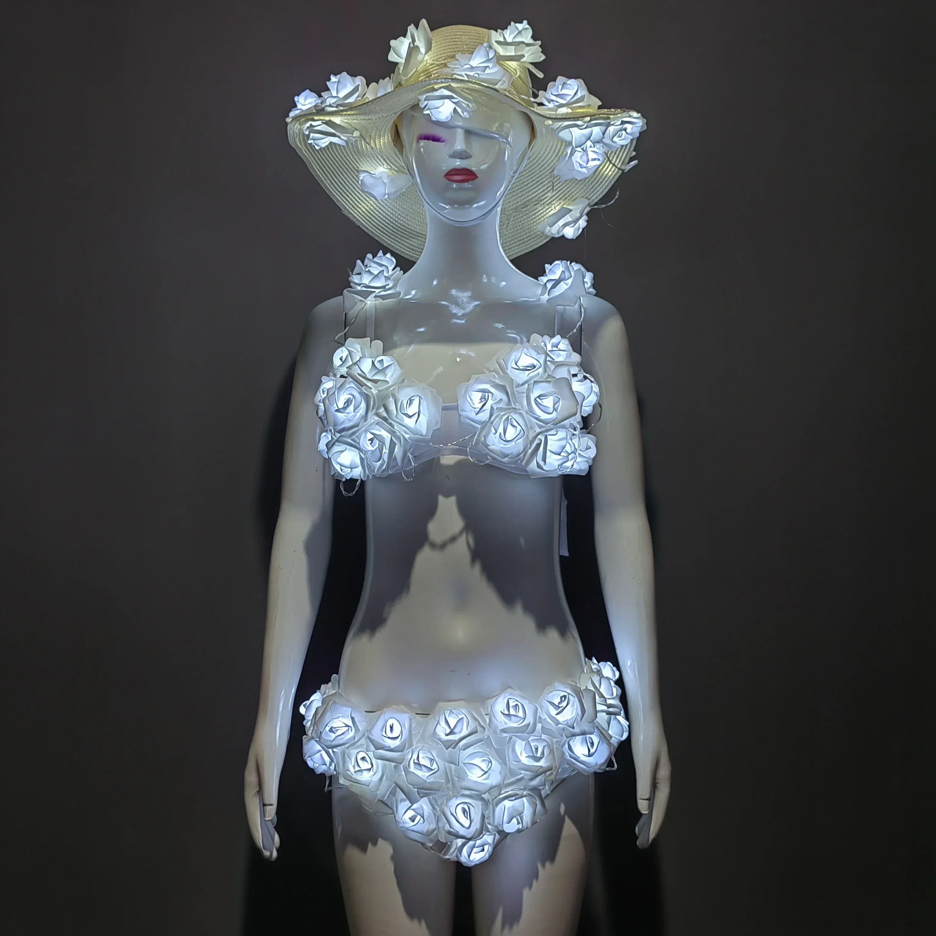 White Light-emitting LED Bikini Rose Flowers Bra Hat Sets Nightclub Lady Singer DJ Dance Wear Party Catwalk Pole Dancing Costume